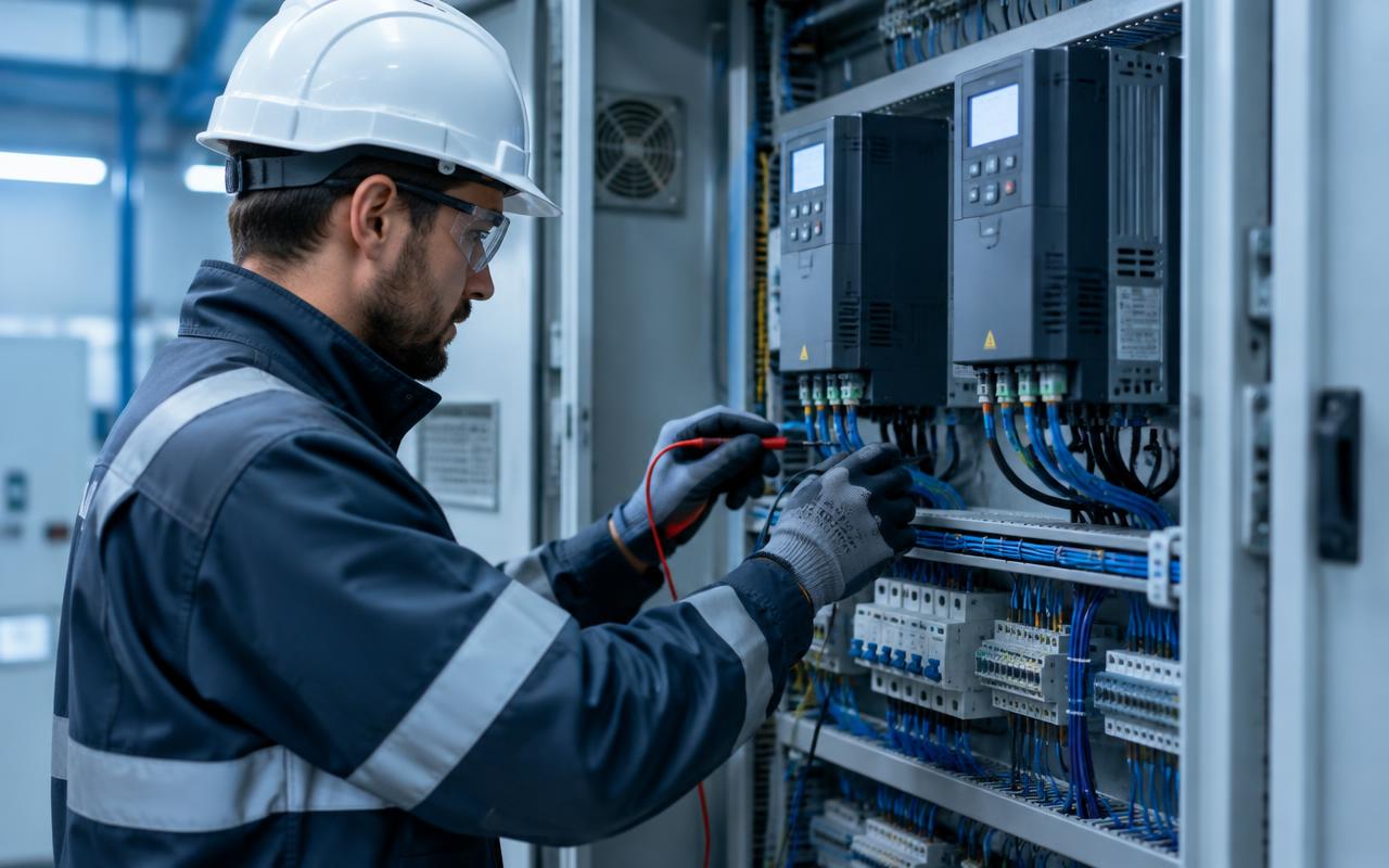 Técnico realizando diagnóstico en un tablero eléctrico industrial